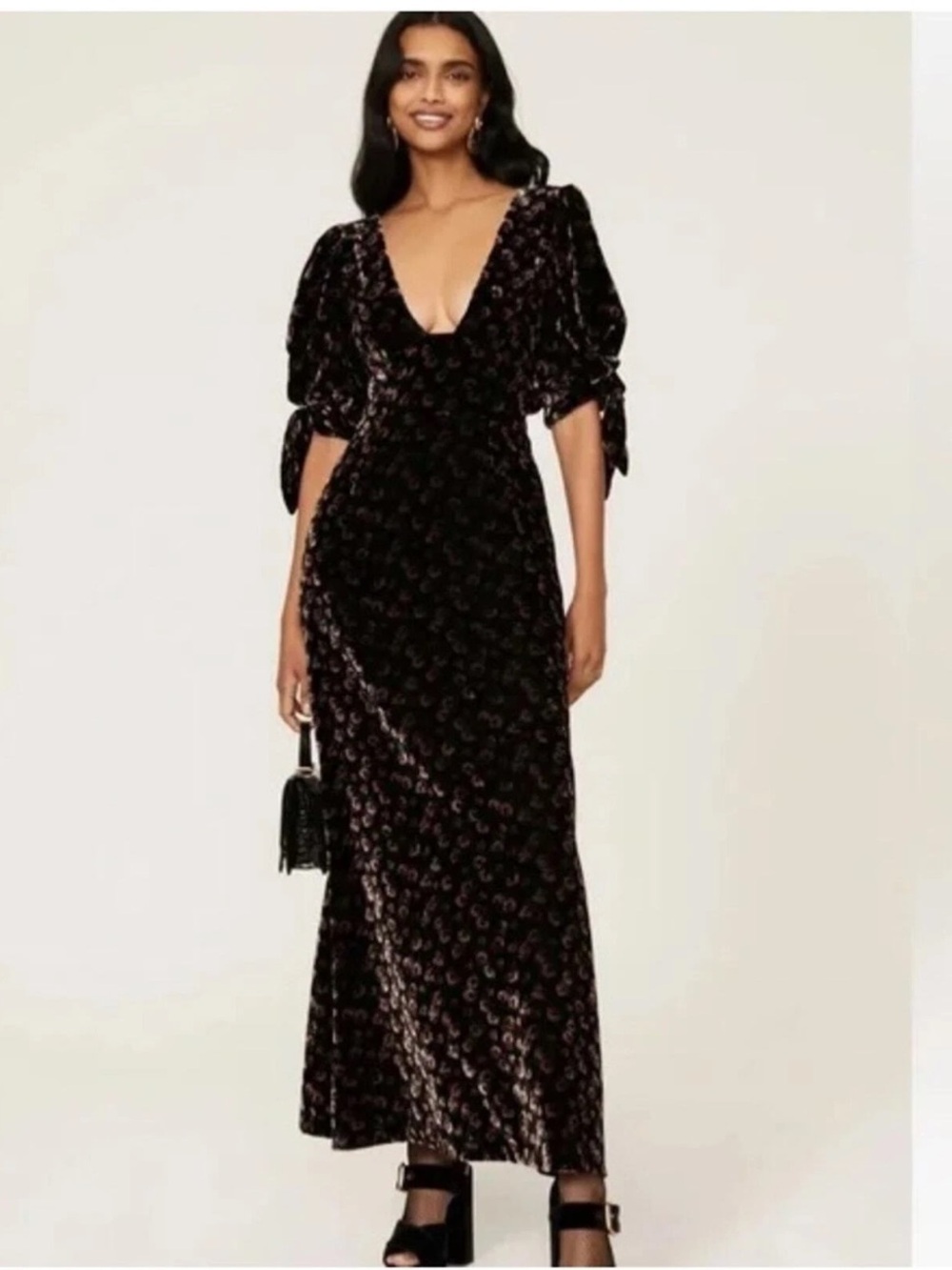 SEA New York Black Velvet Puff-Sleeve V-Neck Maxi Dress with Puff Sleeves